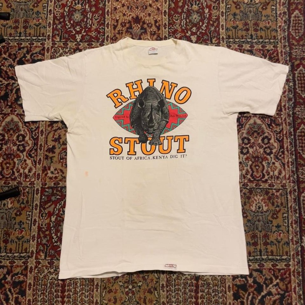 VTG 80s 90s Crazy Shirts Hawaii Rhino Stout white beer alcohol promo tee shirt L